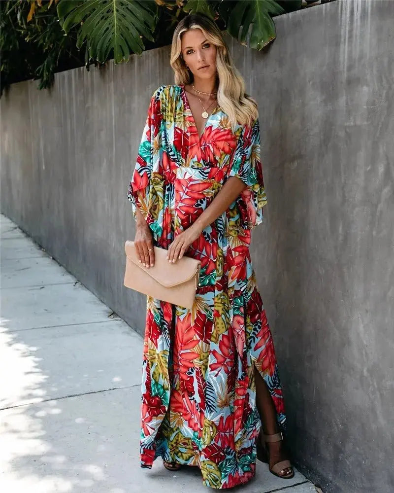 Boho Wrap Maxi Dress Kimono Style Tropical Print