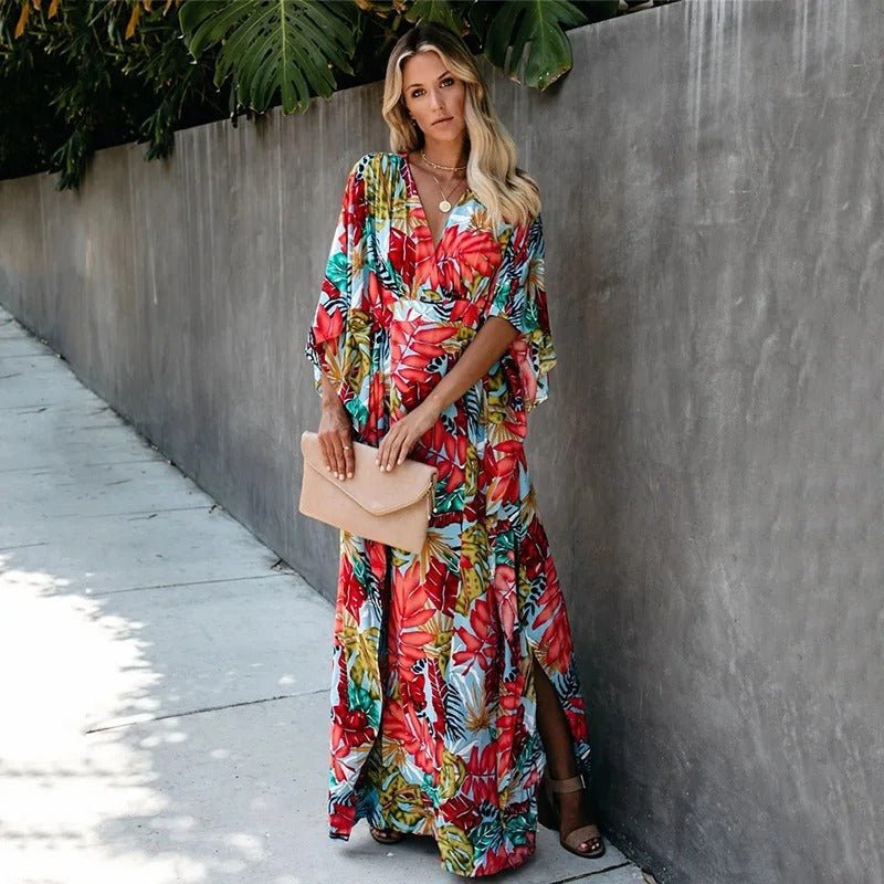 Boho Wrap Maxi Dress Kimono Style Tropical Print