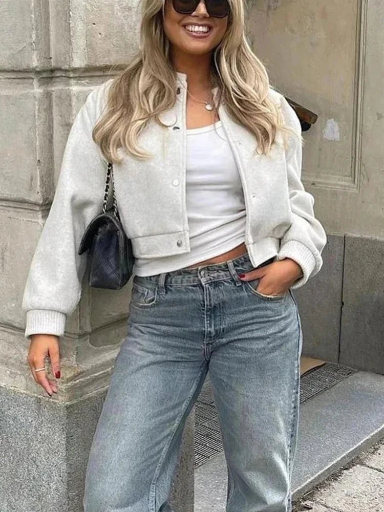 Bomber Jacket Cropped Ribbed Snap Button Women's