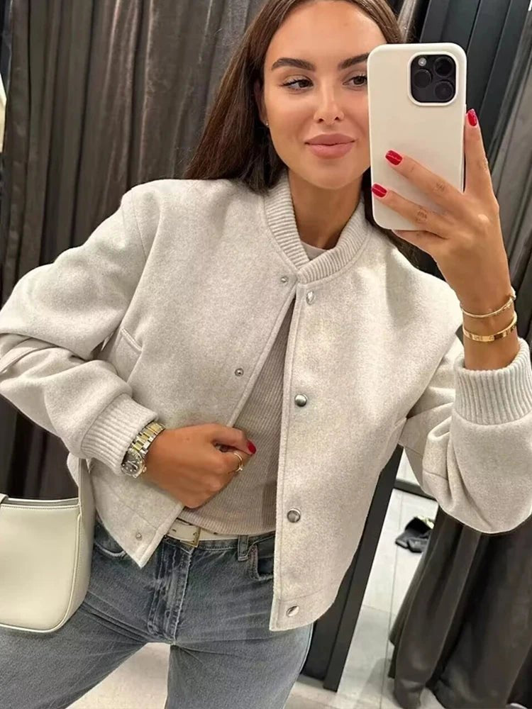 Bomber Jacket Cropped Ribbed Snap Button Women's