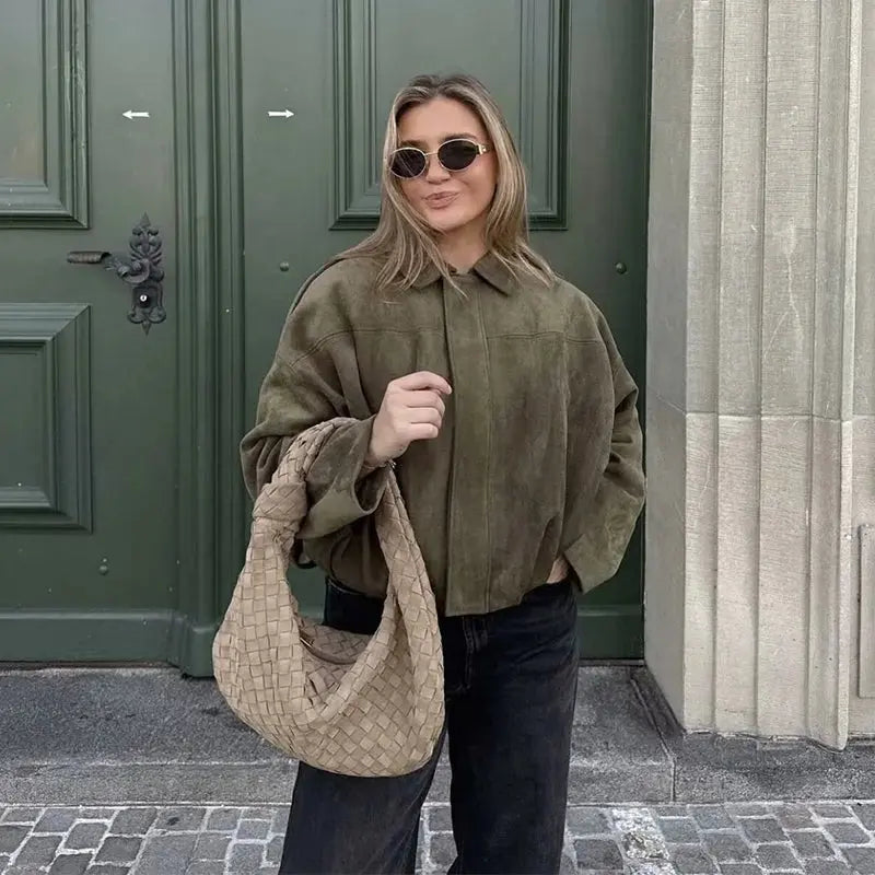 Bomber Jacket Zip Front Cropped Pointed Collar Women's - Green