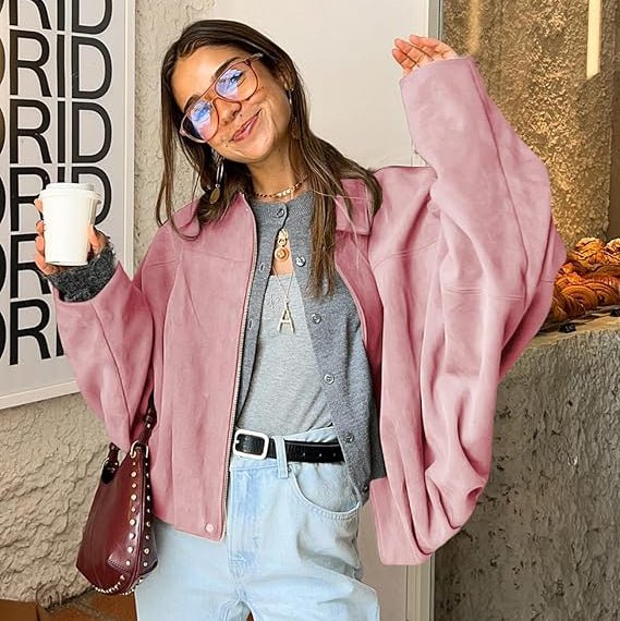 Bomber Jacket Zip Front Cropped Pointed Collar Women's - Pink