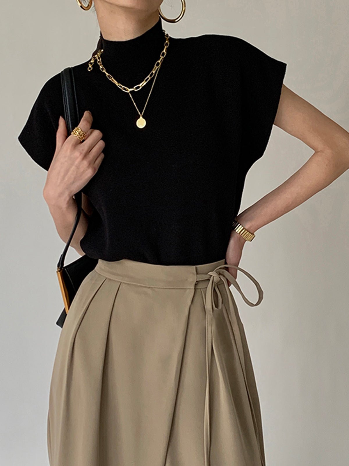 Cargo Style Sleeveless Mock Neck Top Padded Shoulders - Black