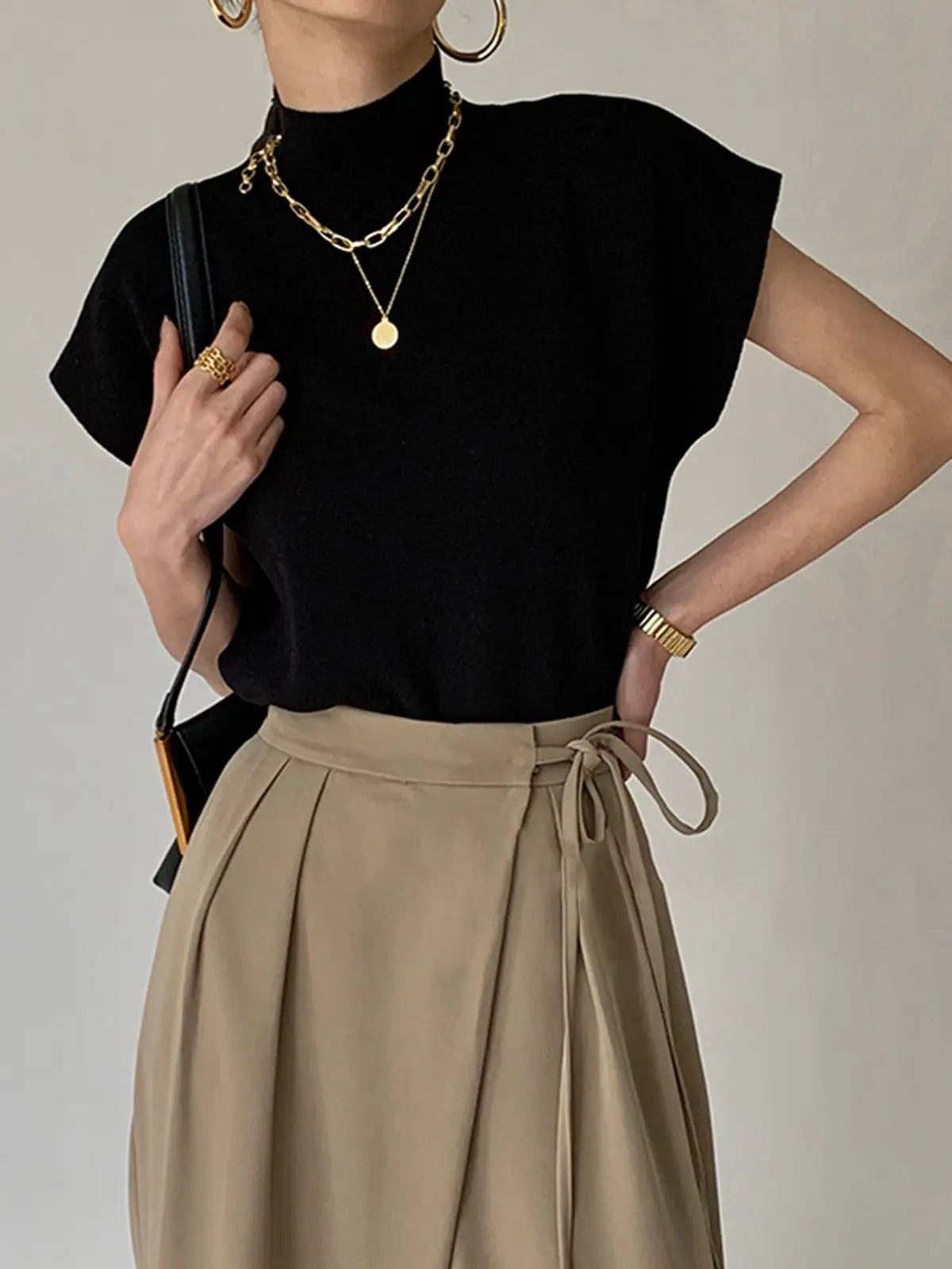 Cargo Style Sleeveless Mock Neck Top Padded Shoulders - Black