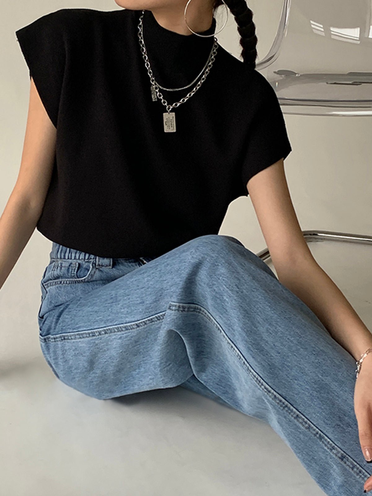 Cargo Style Sleeveless Mock Neck Top Padded Shoulders