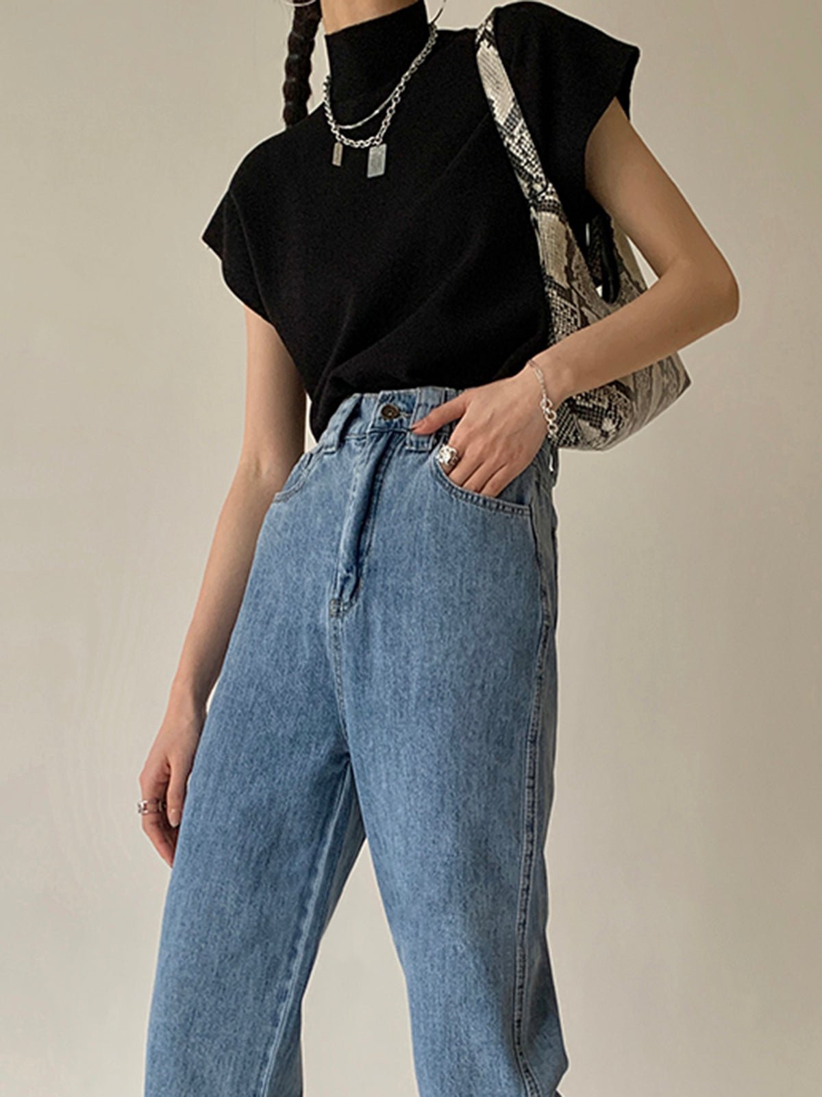 Cargo Style Sleeveless Mock Neck Top Padded Shoulders