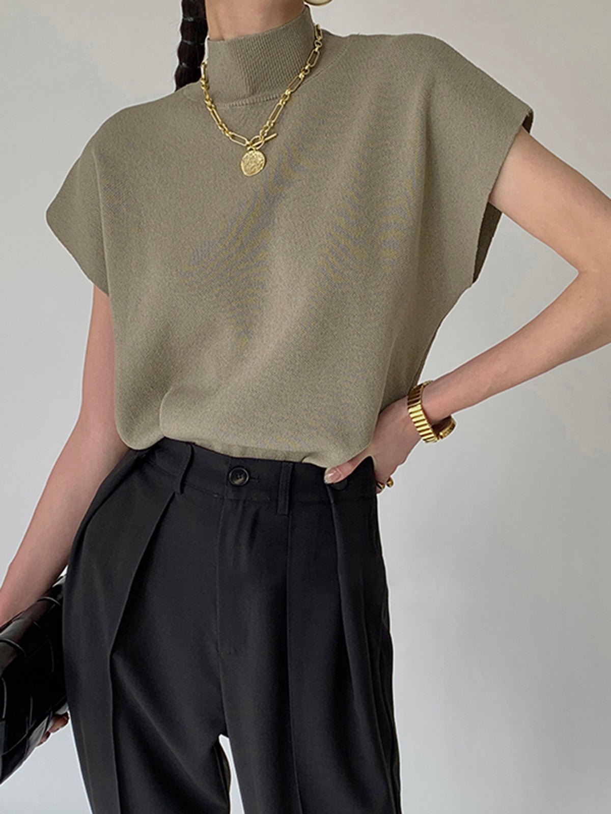 Cargo Style Sleeveless Mock Neck Top Padded Shoulders