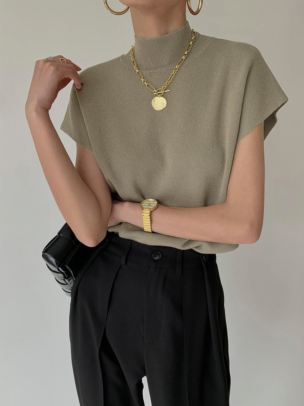Cargo Style Sleeveless Mock Neck Top Padded Shoulders - Khaki