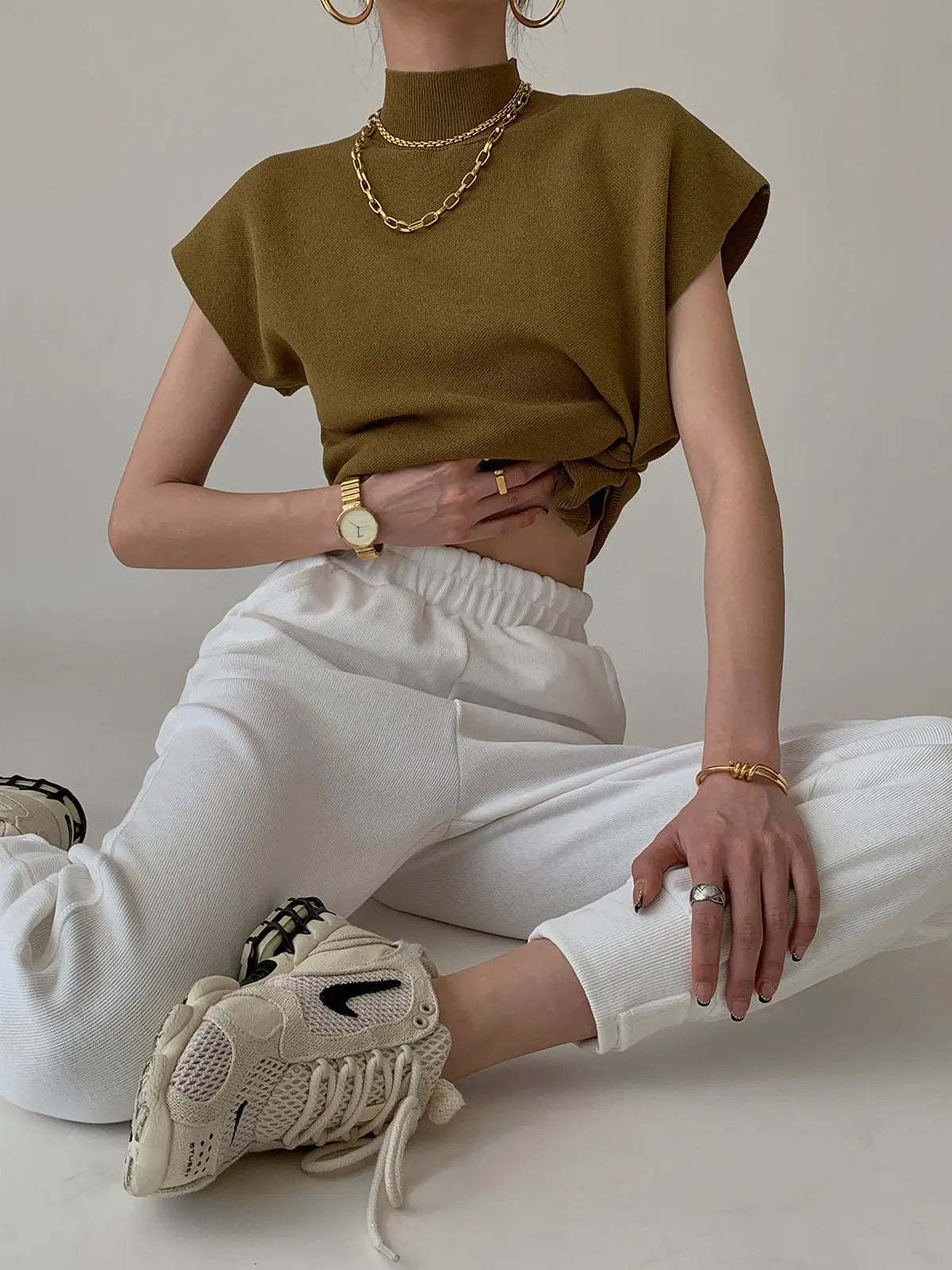 Cargo Style Sleeveless Mock Neck Top Padded Shoulders