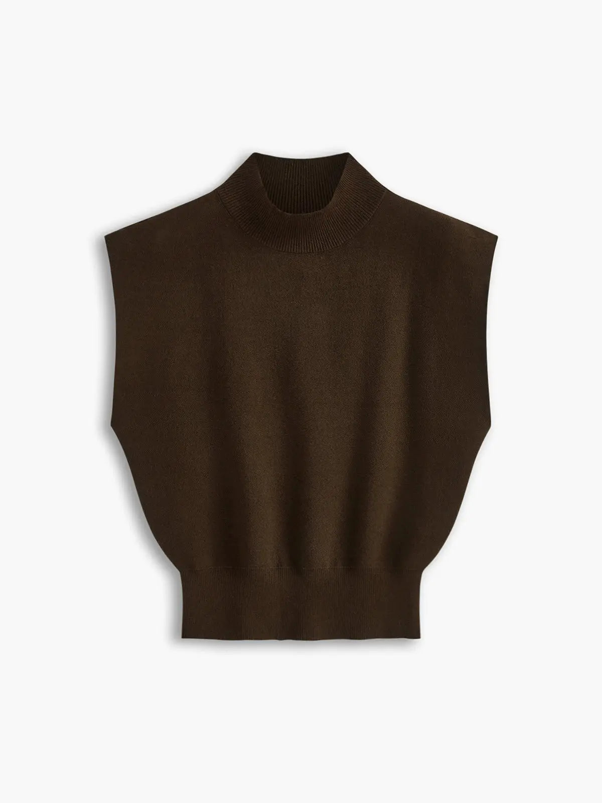 Cargo Style Sleeveless Mock Neck Top Padded Shoulders - Dark Brown