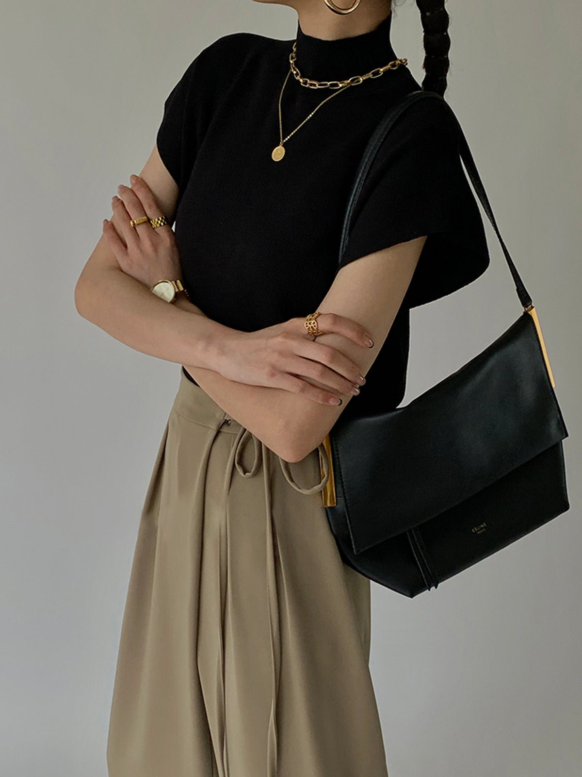 Cargo Style Sleeveless Mock Neck Top Padded Shoulders