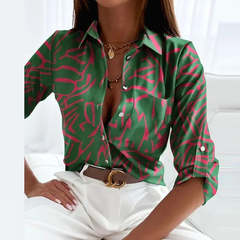 Collared Blouse Long Sleeve Printed Button Down - Green
