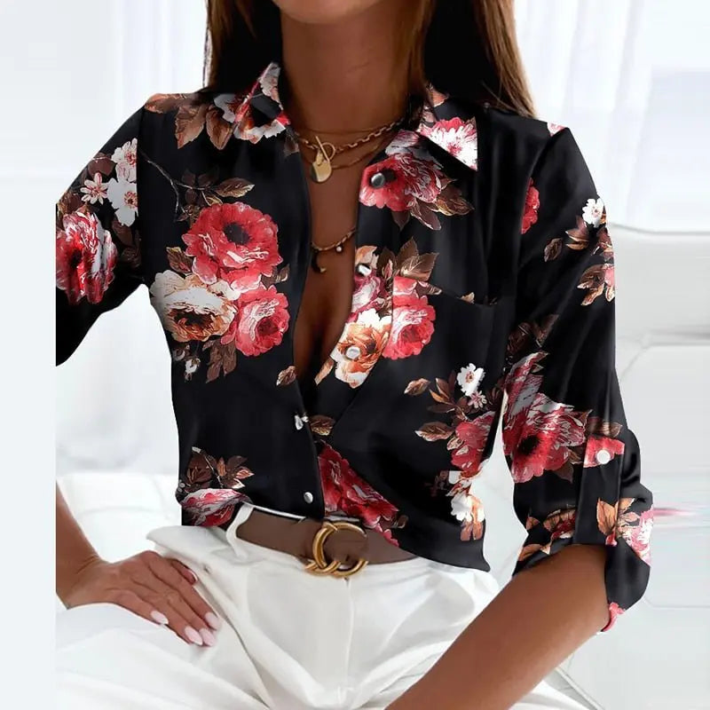 Collared Blouse Long Sleeve Printed Button Down - Black Pink Flowers
