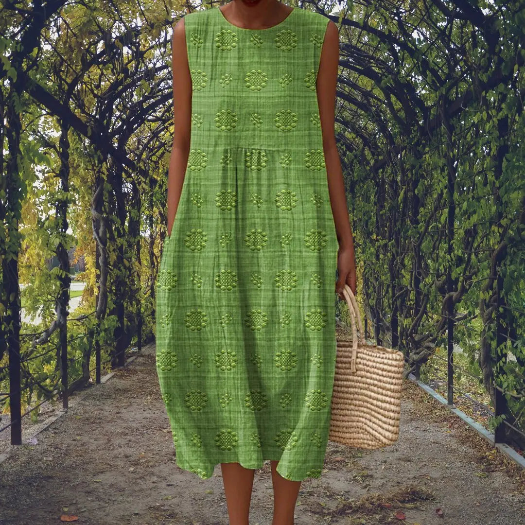 Cotton Embroidered Sleeveless Midi Dress - Green