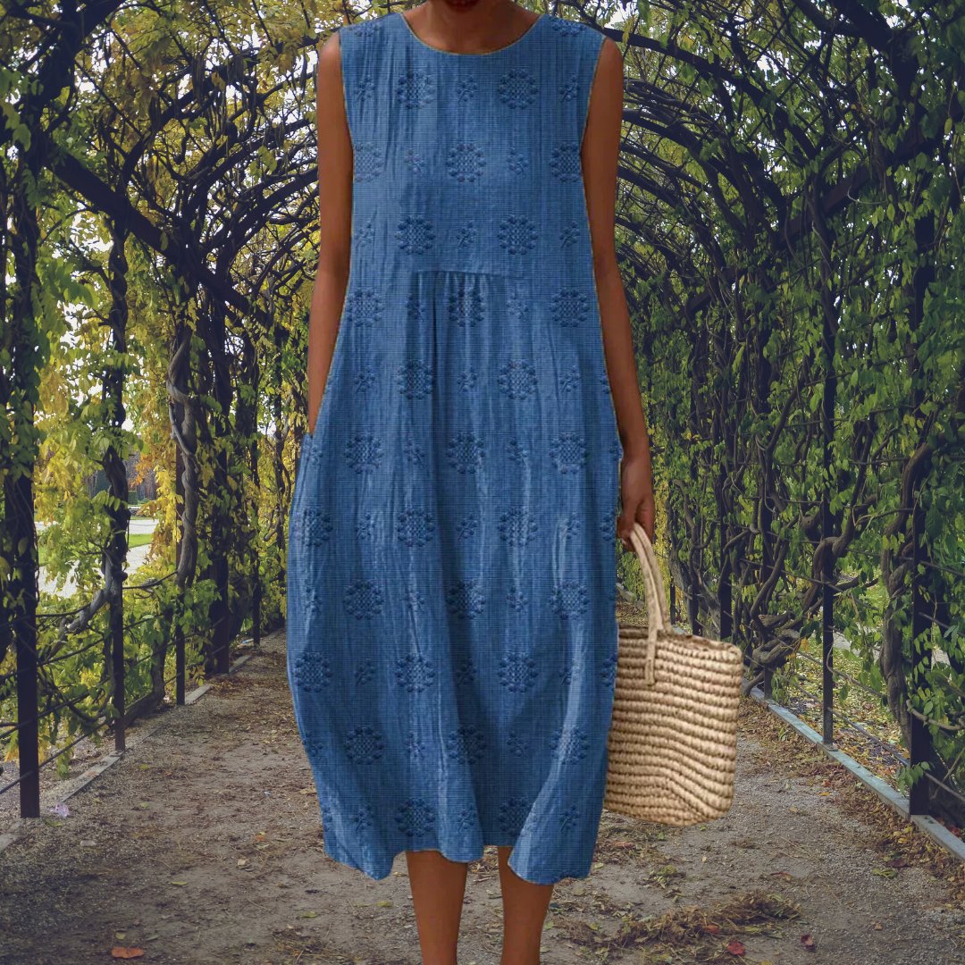 Cotton Embroidered Sleeveless Midi Dress - Blue