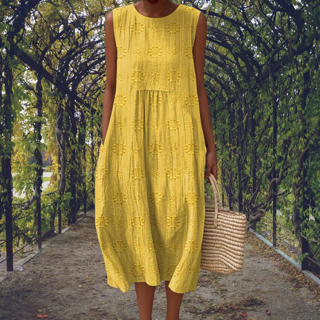 Cotton Embroidered Sleeveless Midi Dress - Yellow