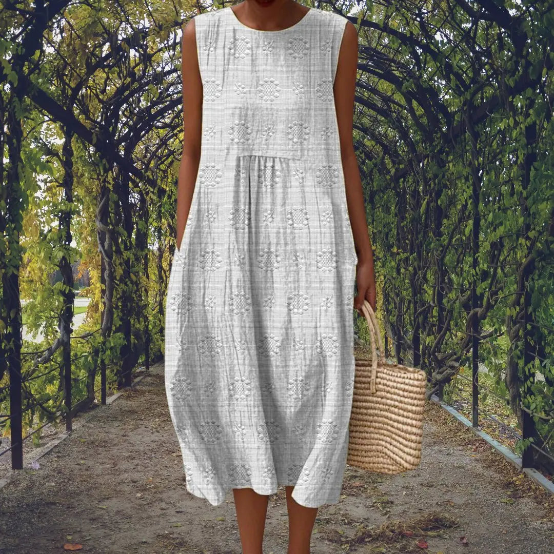 Cotton Embroidered Sleeveless Midi Dress - White