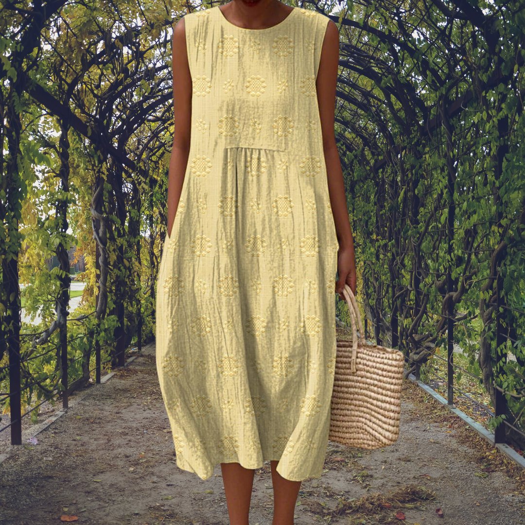Cotton Embroidered Sleeveless Midi Dress - Light Yellow