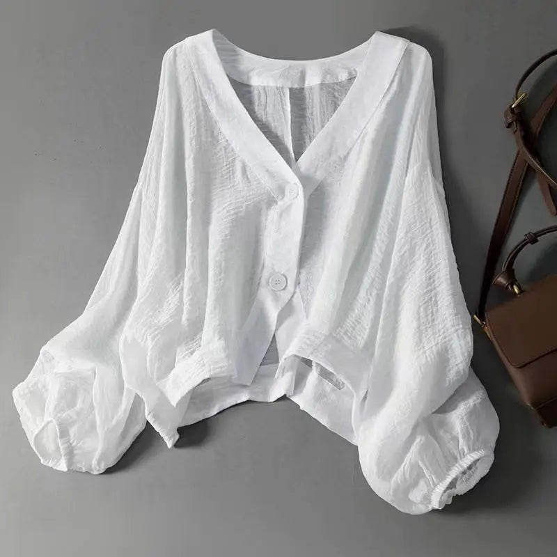 Cotton Linen Blouse Batwing Sleeves Button Detail - White