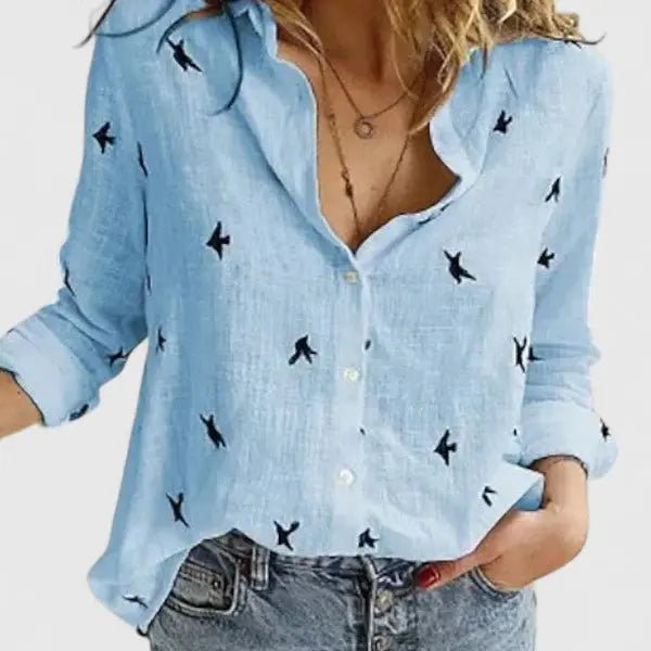 Cotton Linen Blouse V-Neck Button Down Long Sleeve - Blue 2