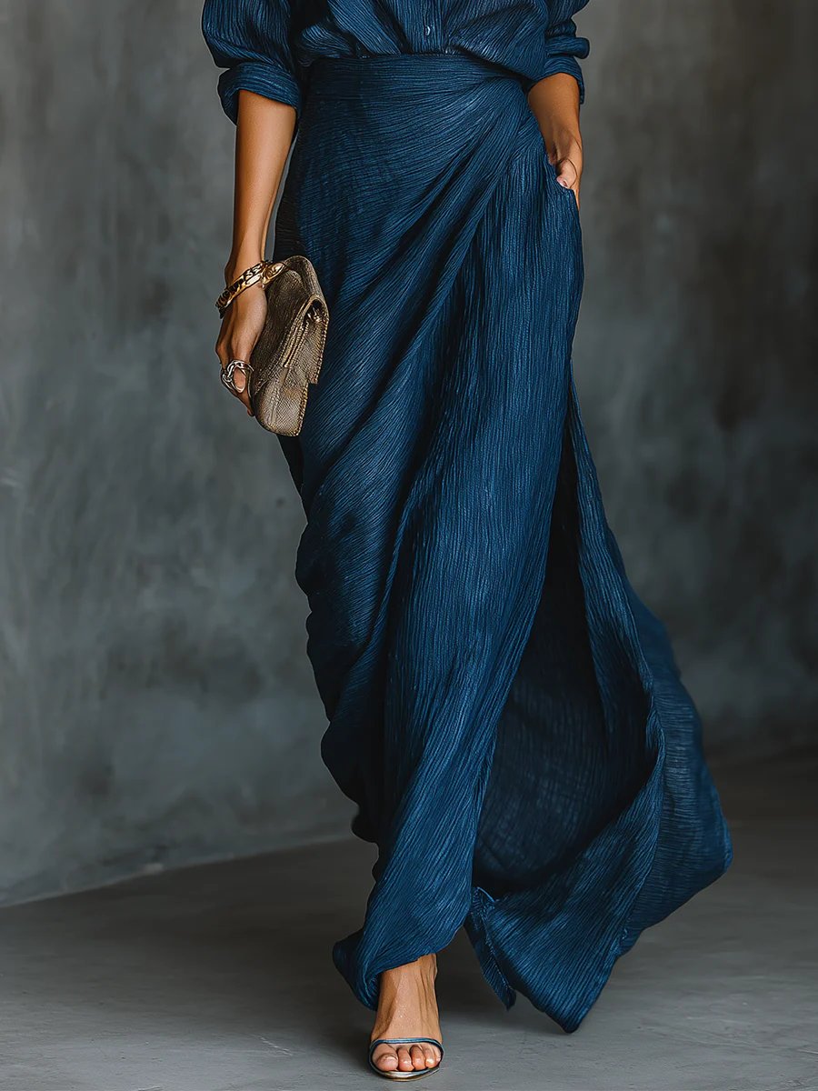 Cotton Linen Maxi Dress V-Neck Long Sleeve
