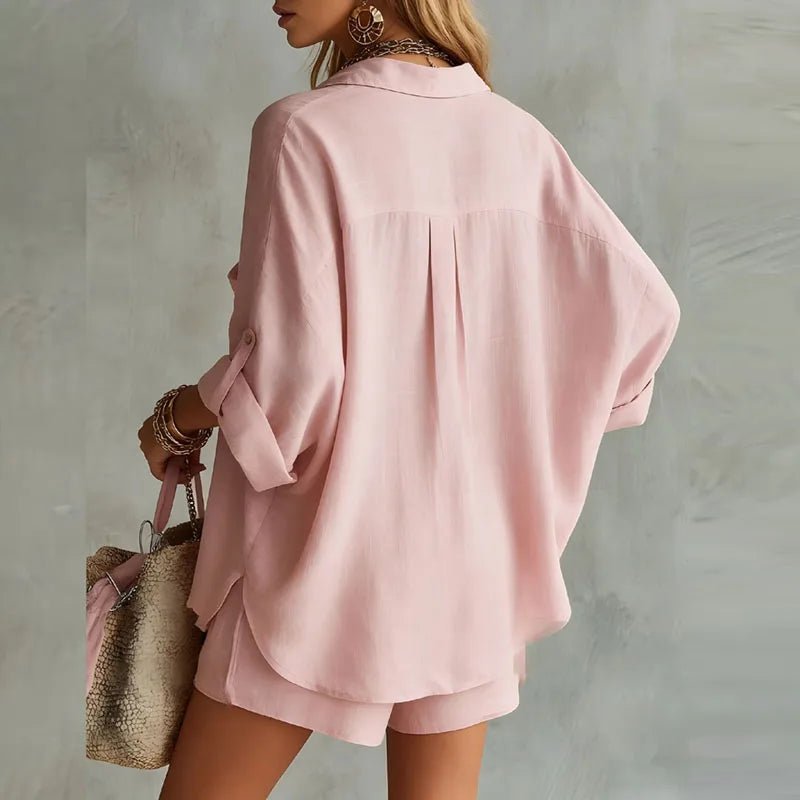 Cotton Linen Two Piece Set Relaxed Shirt Shorts