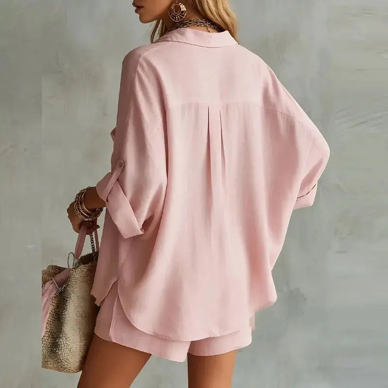 Cotton Linen Two Piece Set Relaxed Shirt Shorts
