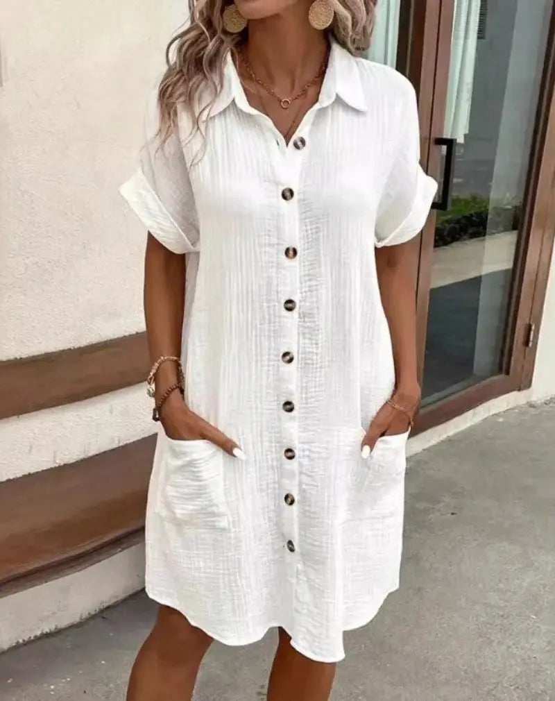 Cotton Shirt Dress Button-Down Collared Short Sleeve - White