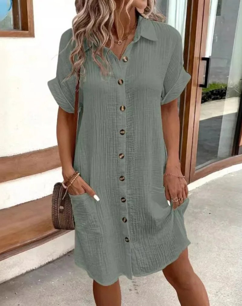 Cotton Shirt Dress Button-Down Collared Short Sleeve - Sage Green