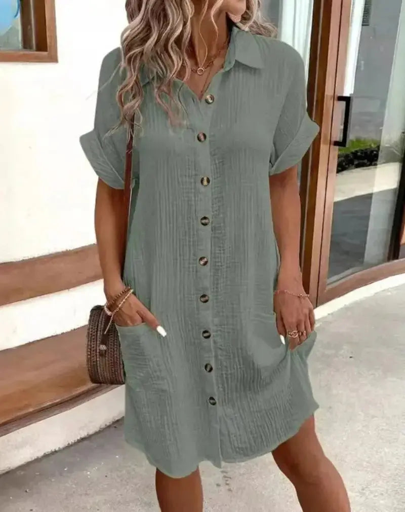 Cotton Shirt Dress Button-Down Collared Short Sleeve - Sage Green