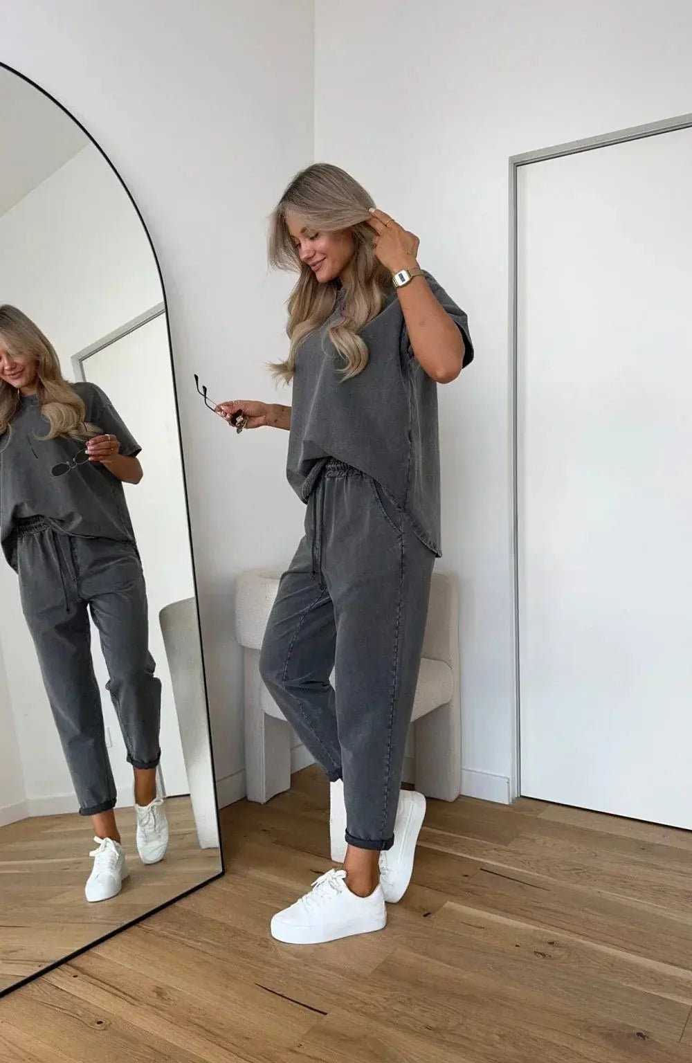 Cotton Two Piece Set Relaxed Fit Loungewear - Gray