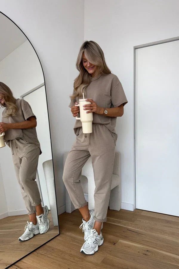 Cotton Two Piece Set Relaxed Fit Loungewear - Beige