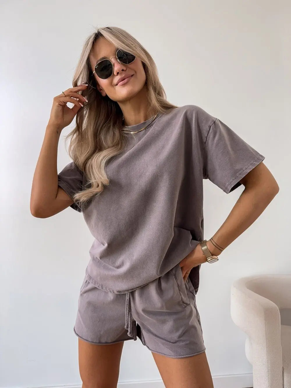 Cotton Two Piece Set Relaxed Fit Loungewear - Chocolate