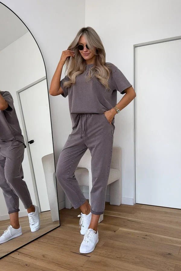 Cotton Two Piece Set Relaxed Fit Loungewear - Chocolate