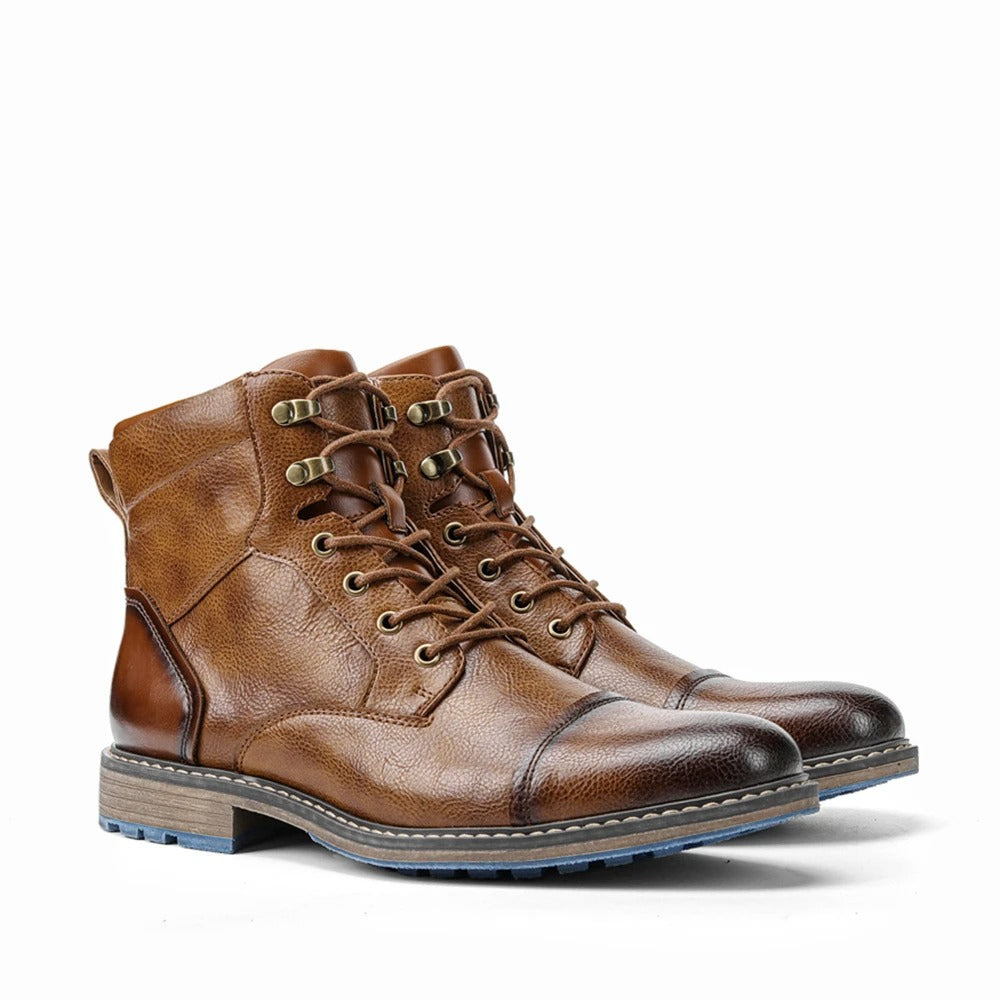 Men's Cowhide Leather Lace-Up Cap-Toe Ankle Boots