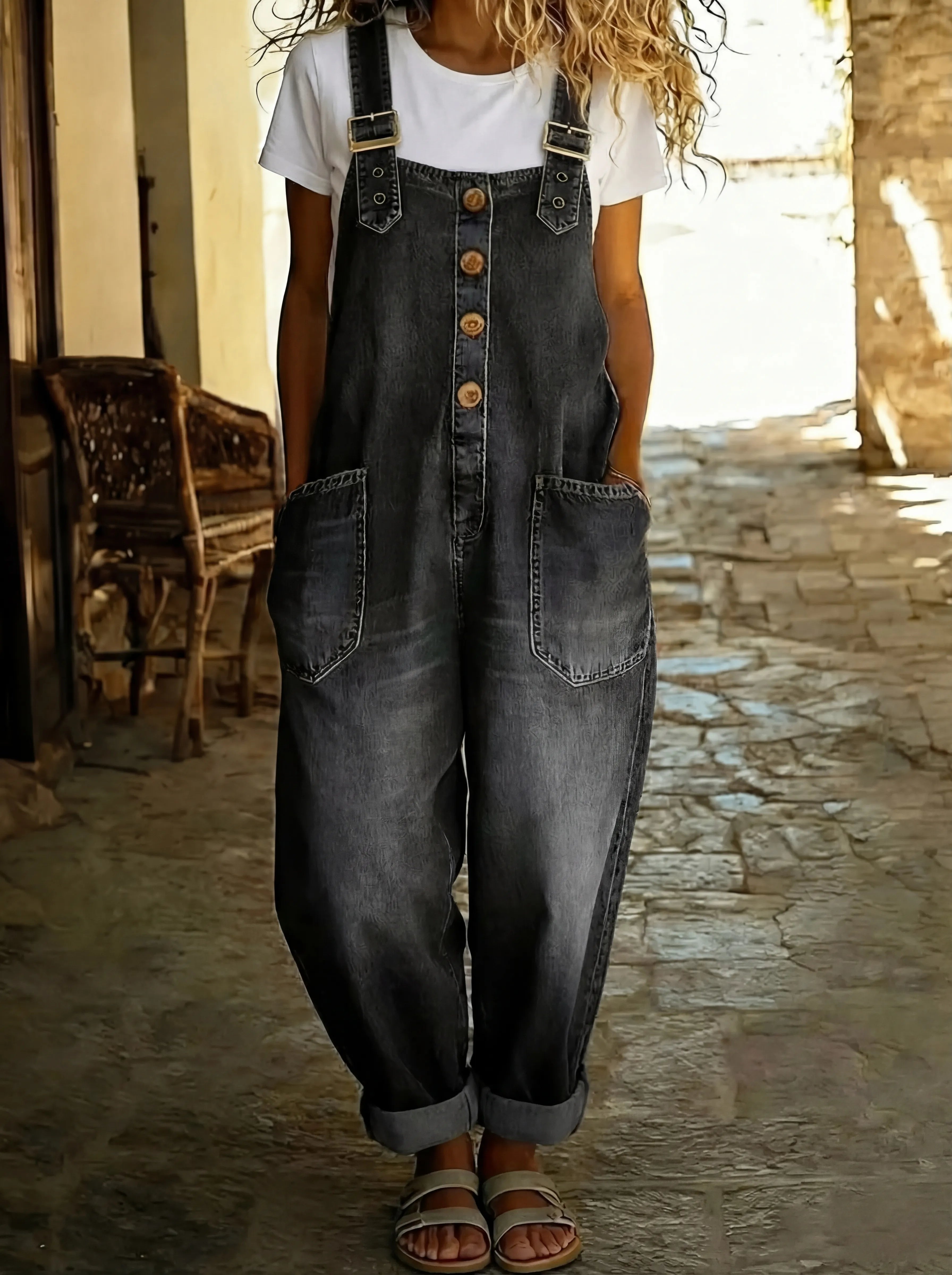 Denim Dungarees Wide Leg Button Front Adjustable Straps - Schwarz