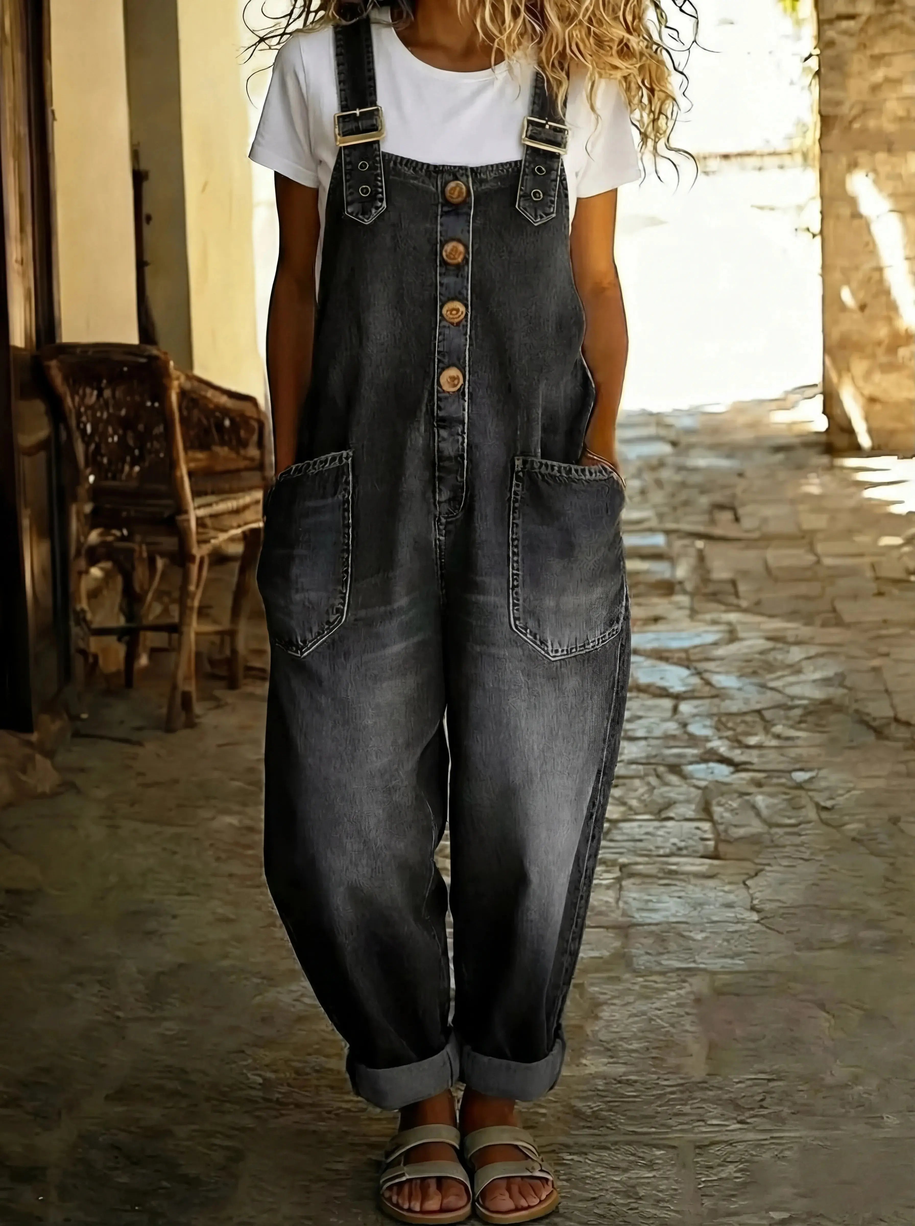 Denim Dungarees Wide Leg Button Front Adjustable Straps - Schwarz