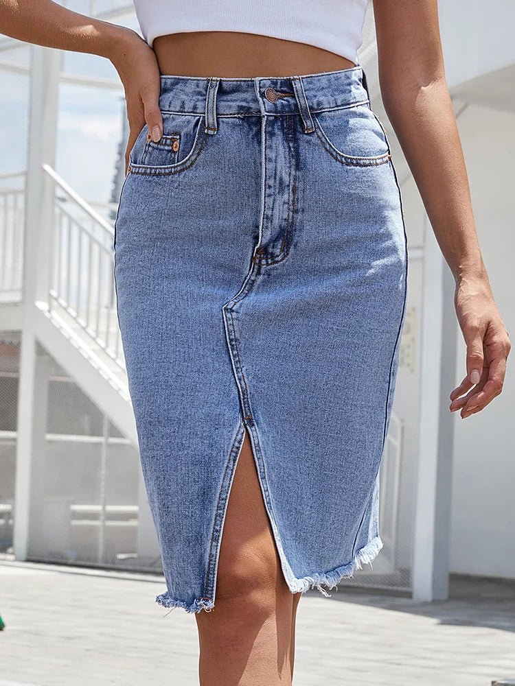 Denim Midi Skirt High Waisted Front Slit Frayed Hem - Blue