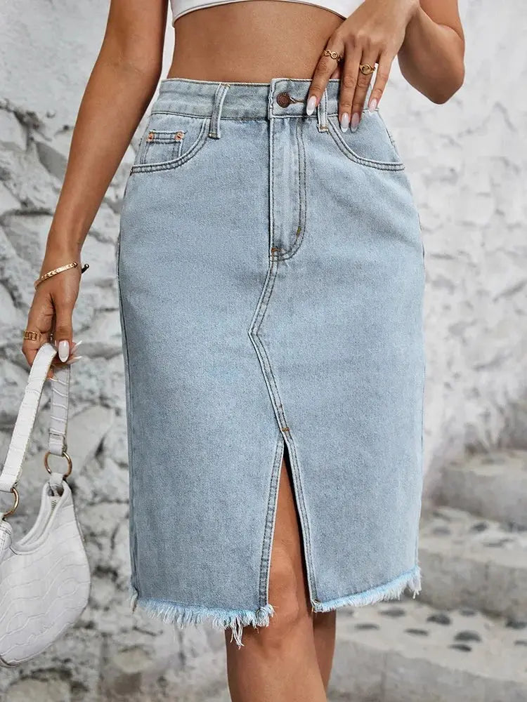 Denim Midi Skirt High Waisted Front Slit Frayed Hem - Light Blue