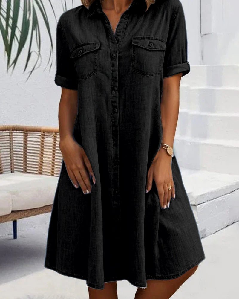 Denim Shirt Dress Button-Down Short Sleeve - Black