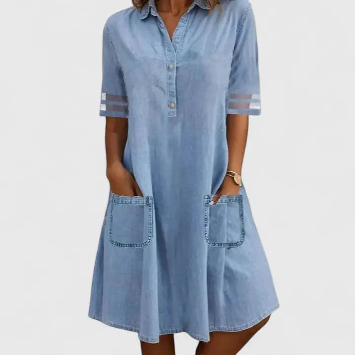Denim Shirt Dress Half Button Front Patch Pockets Relaxed Fit - Blue
