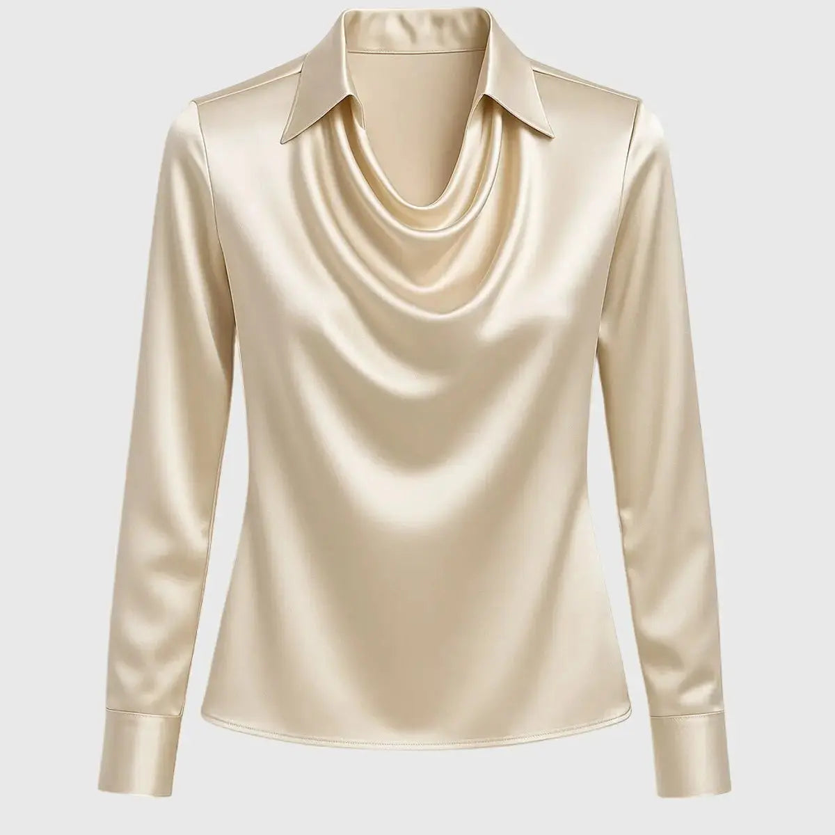 Draped Collar Blouse Long Sleeve Satin Finish