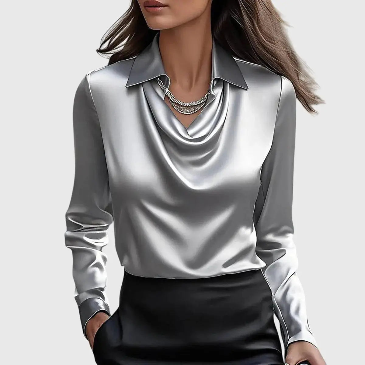 Draped Collar Blouse Long Sleeve Satin Finish - Silver
