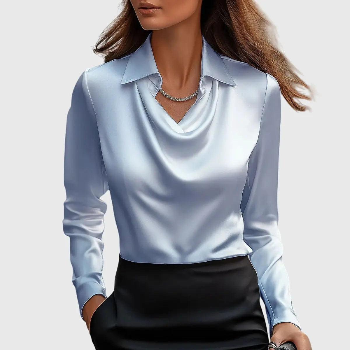 Draped Collar Blouse Long Sleeve Satin Finish - Light Blue