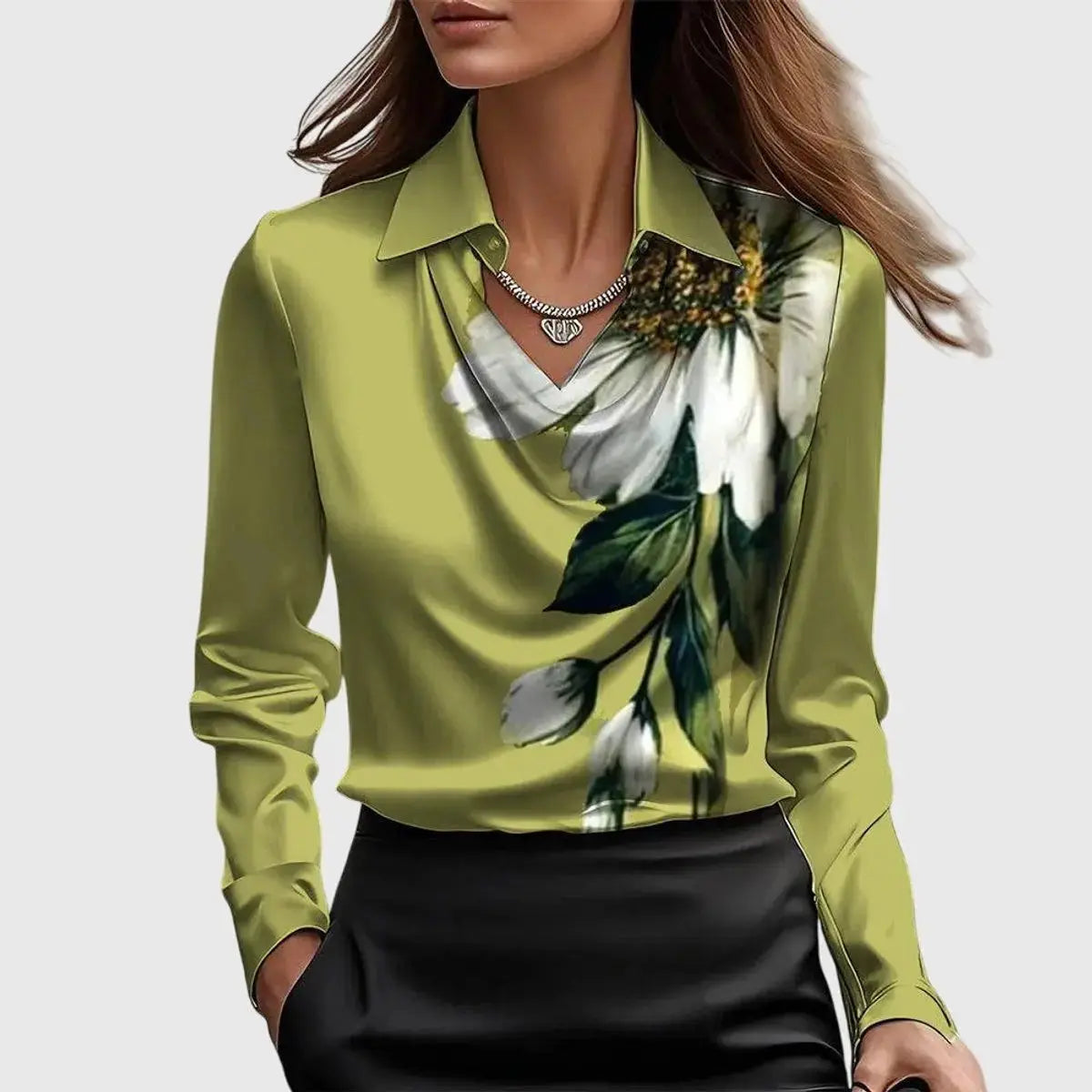 Draped Collar Blouse Long Sleeve Satin Finish - Green
