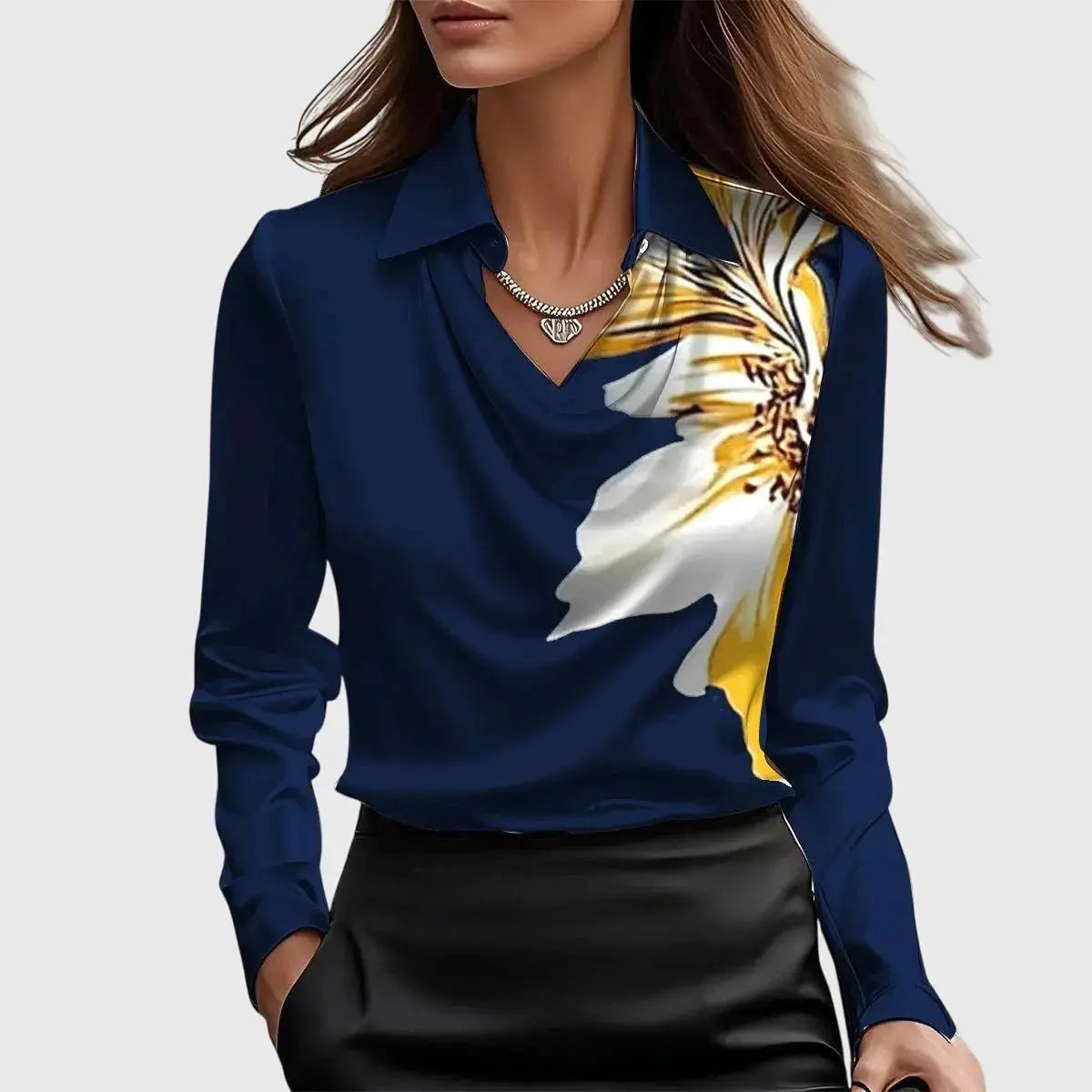 Draped Collar Blouse Long Sleeve Satin Finish - Dark Blue