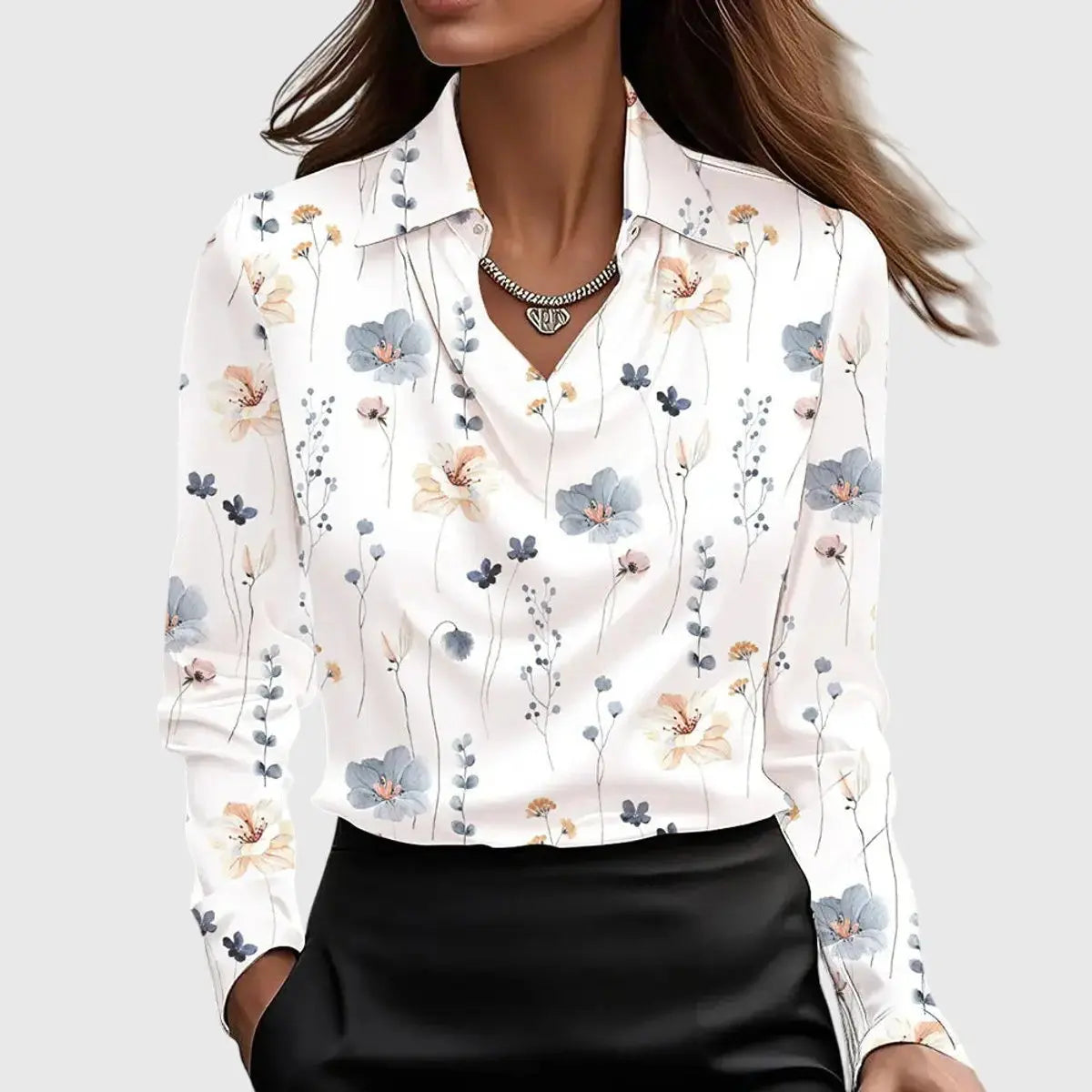 Draped Collar Blouse Long Sleeve Satin Finish - White Floral