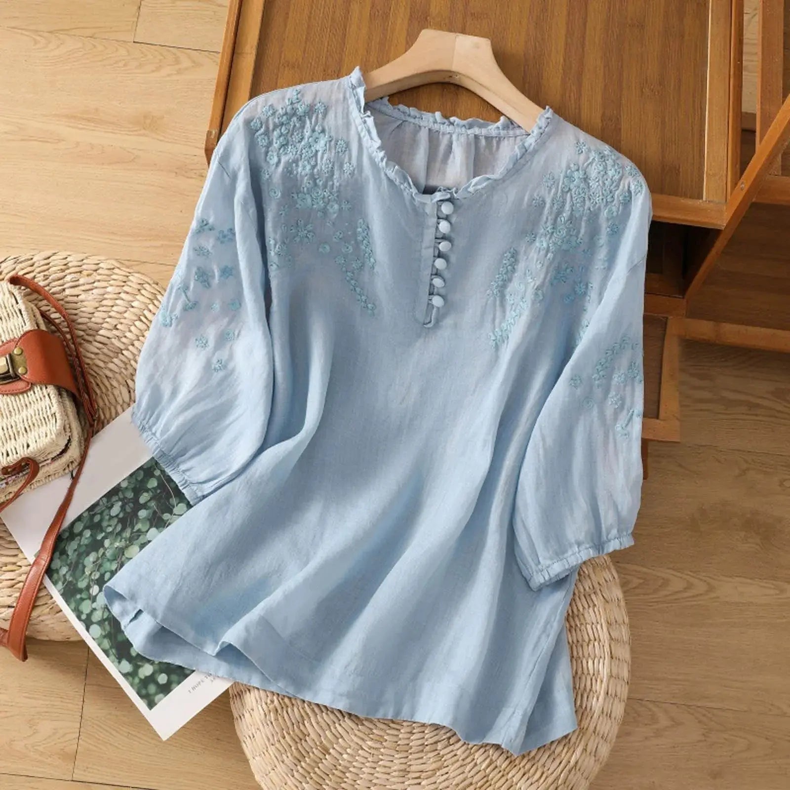 Embroidered Button-Front Blouse Long Sleeve Round Neck - Blue