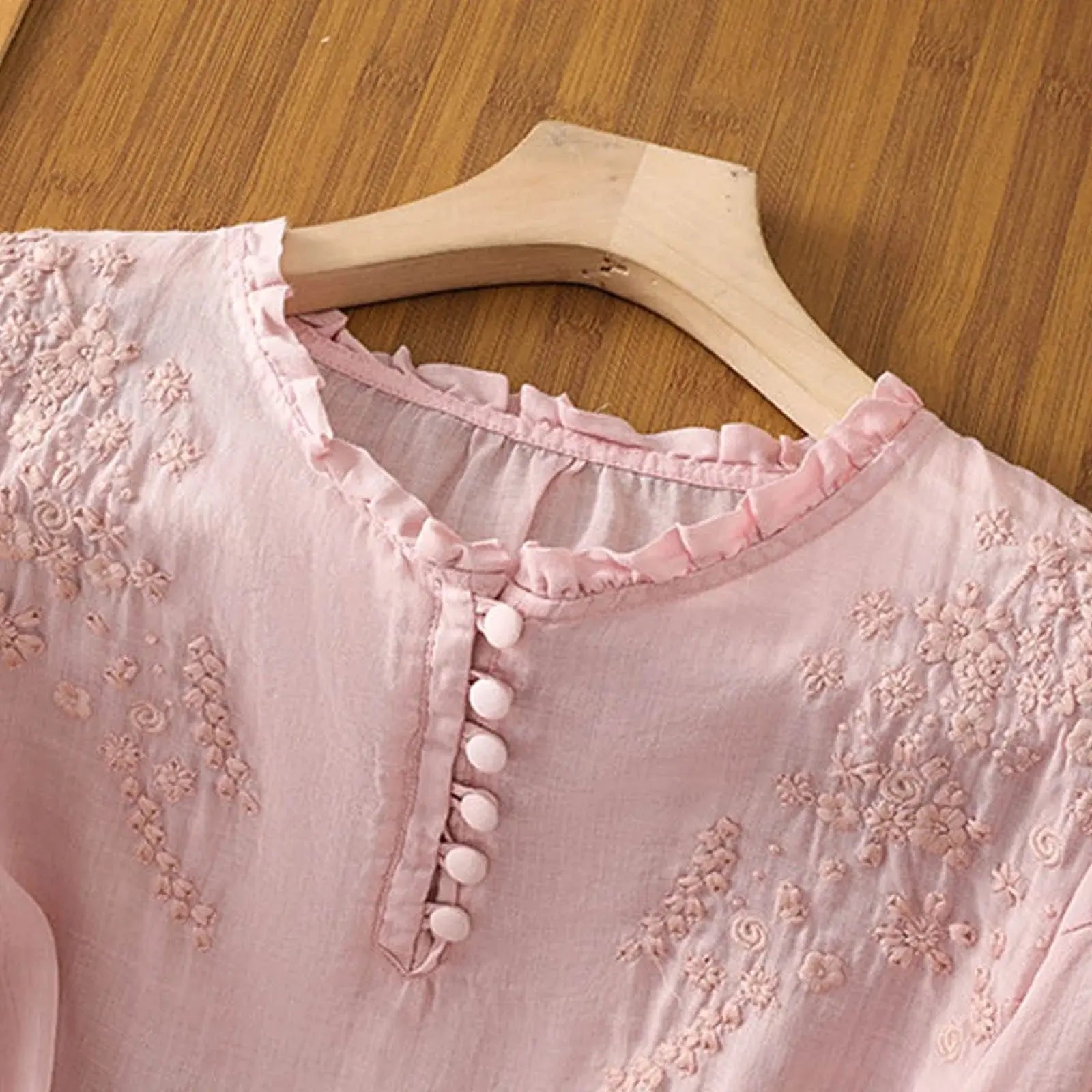 Embroidered Button-Front Blouse Long Sleeve Round Neck