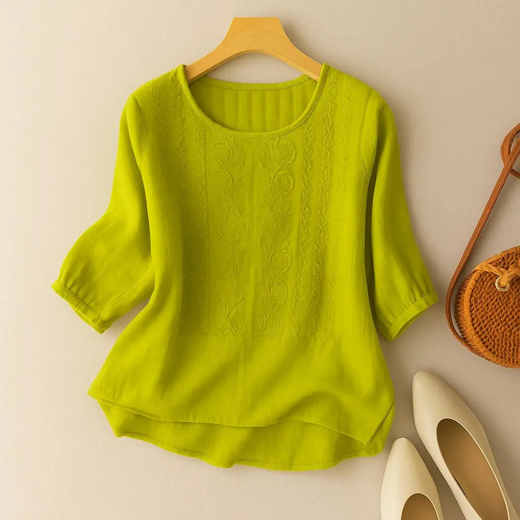 Embroidered Cotton Blouse Long Sleeve Relaxed Fit - Yellow/Lime